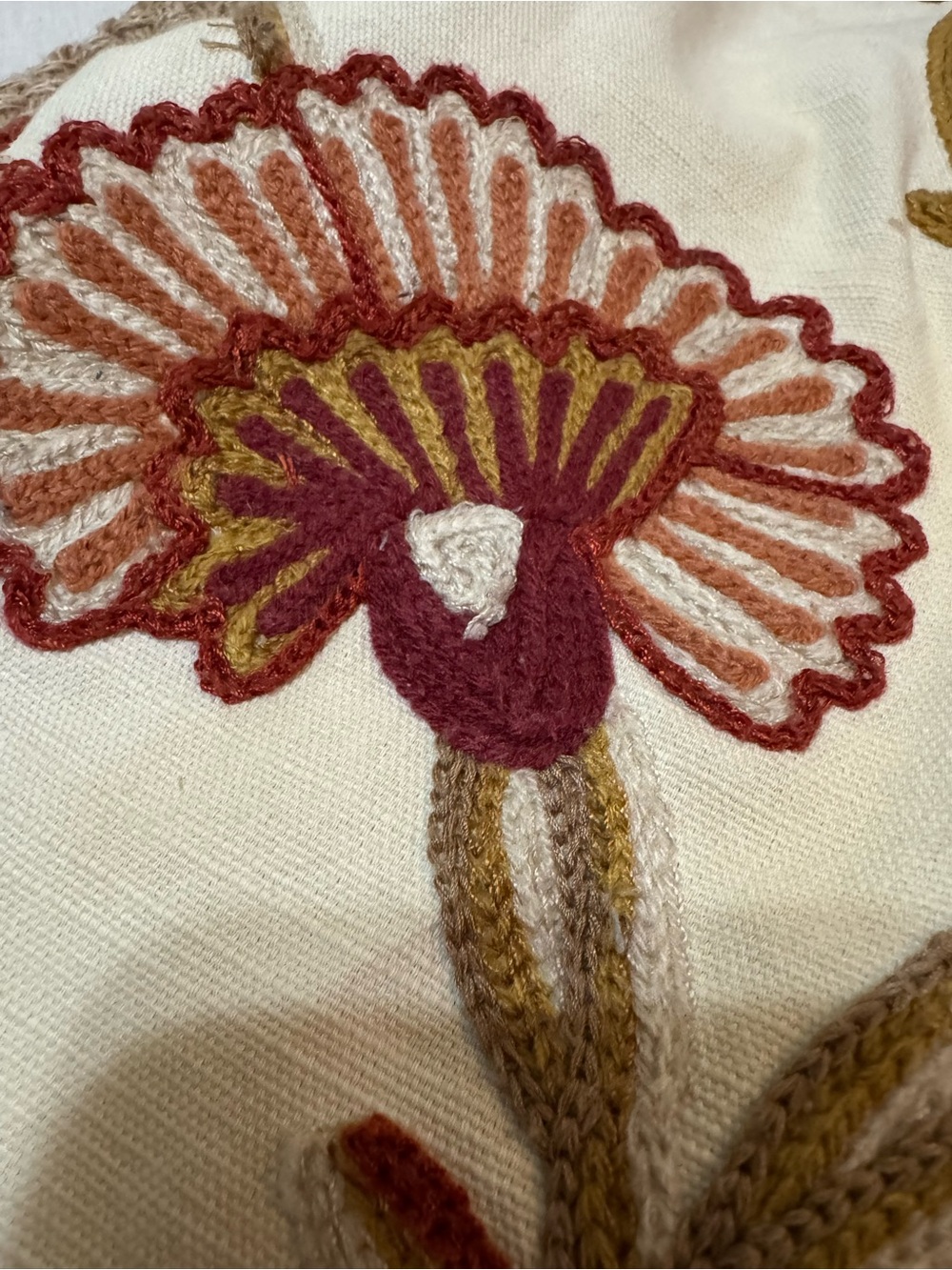 Pottery Barn Embroidered Floral Pillow Cover in Cream, Rust, Olive